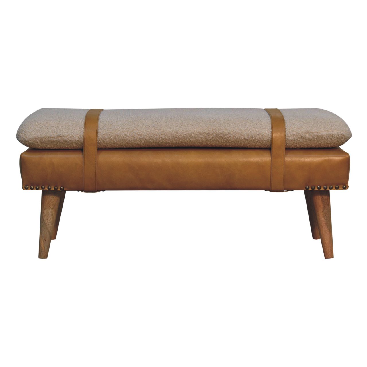 Solid Mango Wood Boucle Buffalo Hide Tan Leather Finished Bench - Image 9