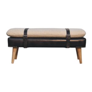Solid Mango Wood Boucle & Buffalo Hide Black Leather Finished Bench
