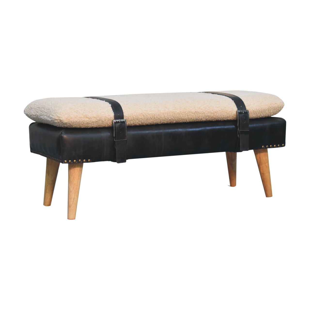 Solid Mango Wood Boucle & Buffalo Hide Black Leather Finished Bench - Image 2