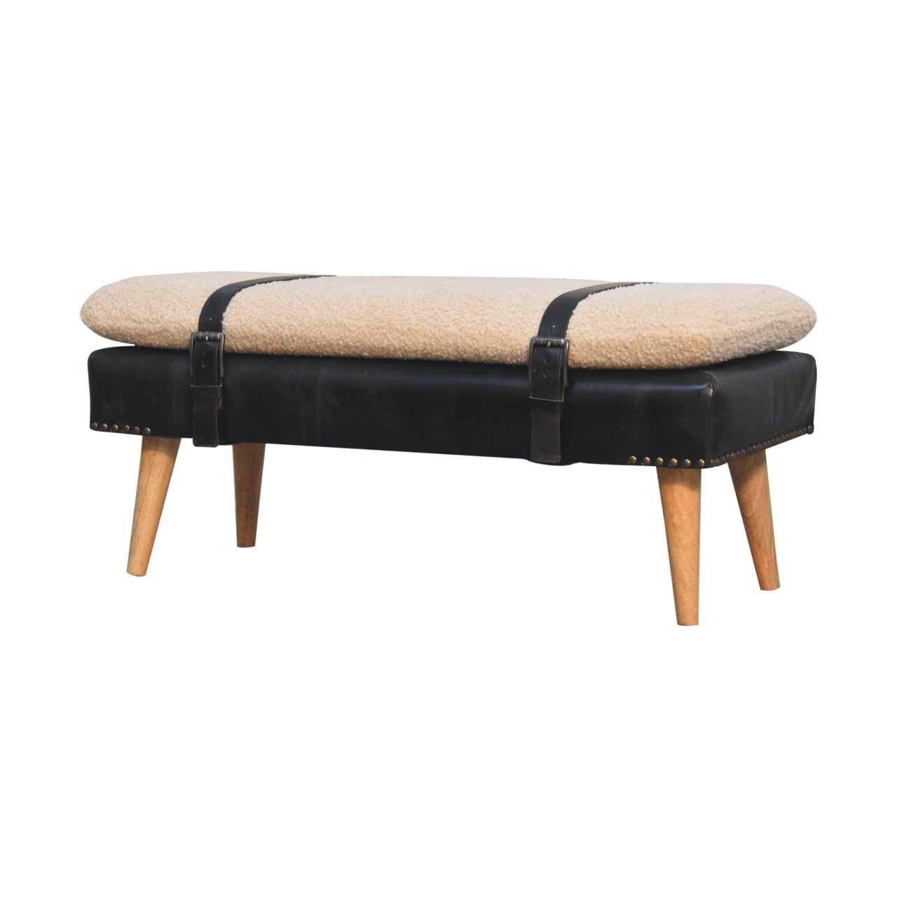Solid Mango Wood Boucle & Buffalo Hide Black Leather Finished Bench - Image 3