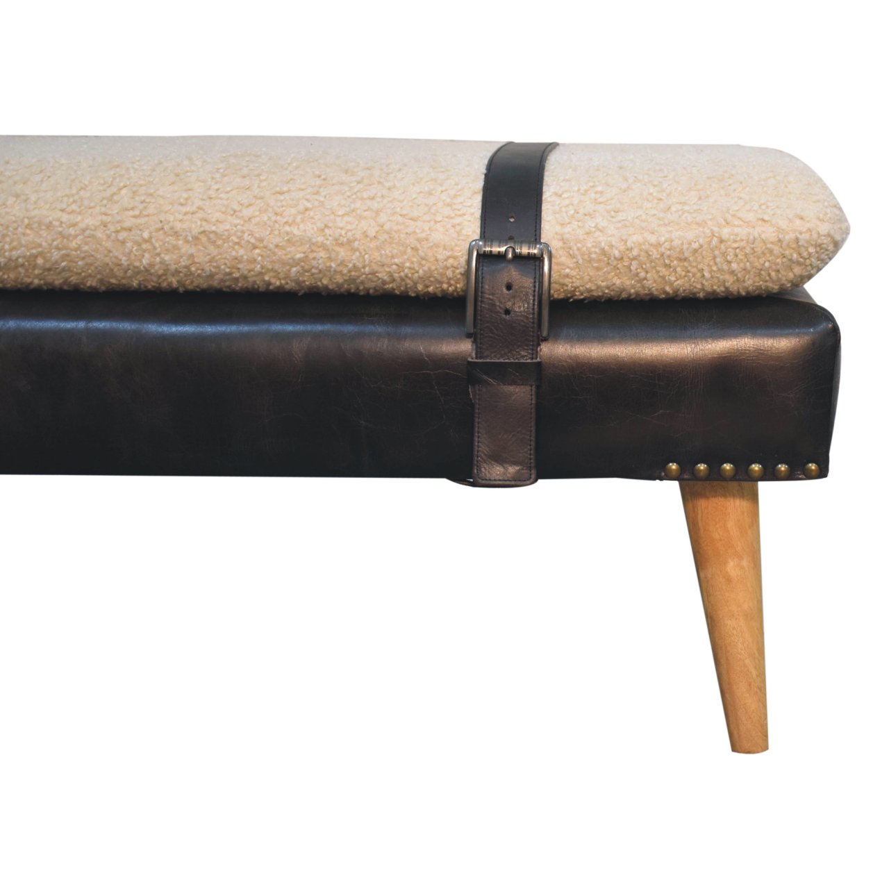 Solid Mango Wood Boucle & Buffalo Hide Black Leather Finished Bench - Image 4