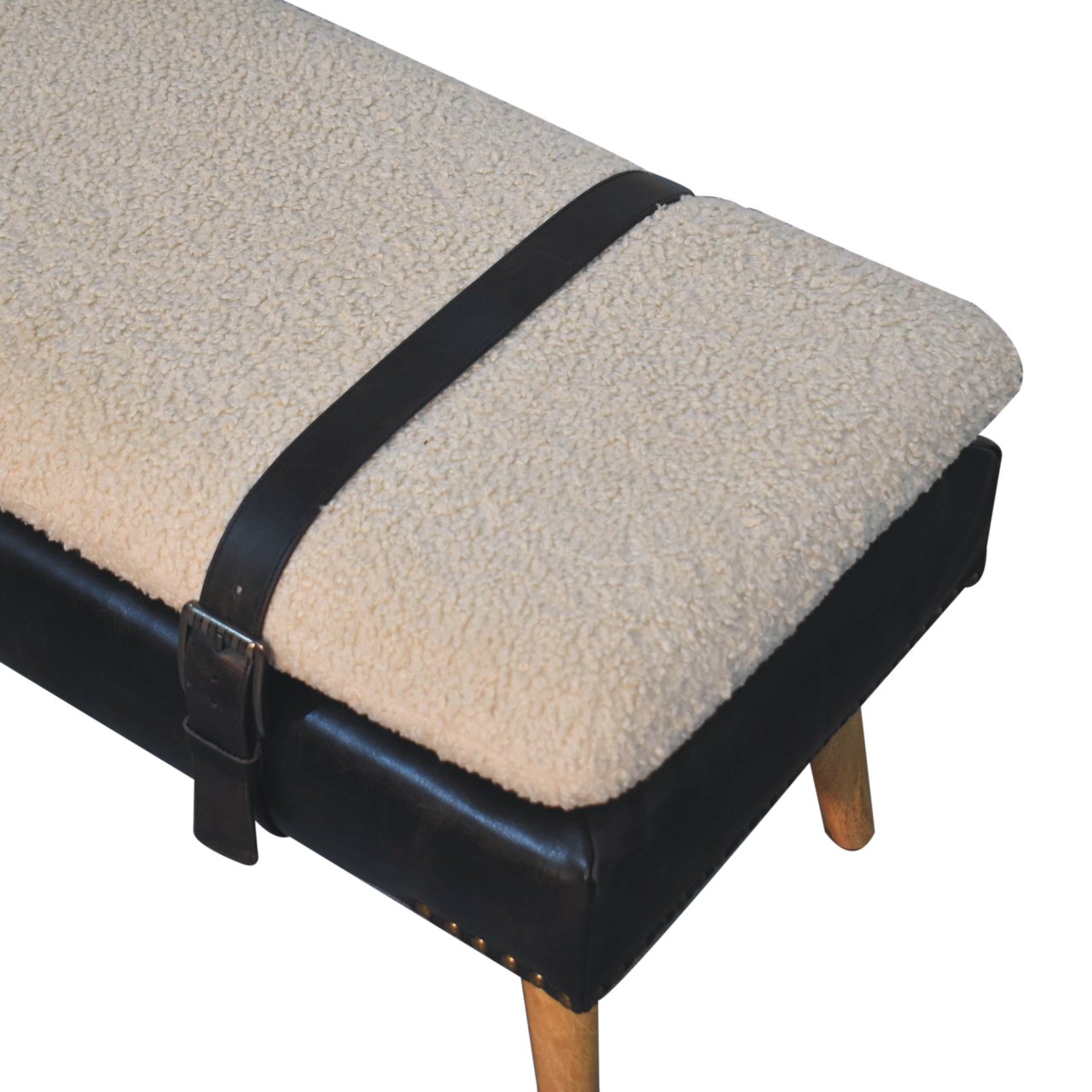 Solid Mango Wood Boucle & Buffalo Hide Black Leather Finished Bench - Image 5