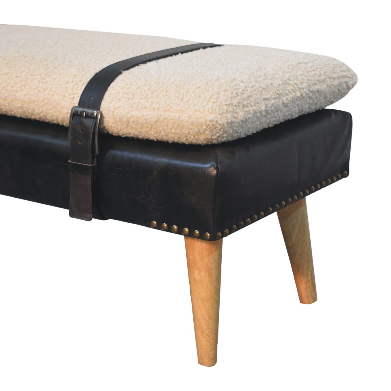 Solid Mango Wood Boucle & Buffalo Hide Black Leather Finished Bench - Image 6