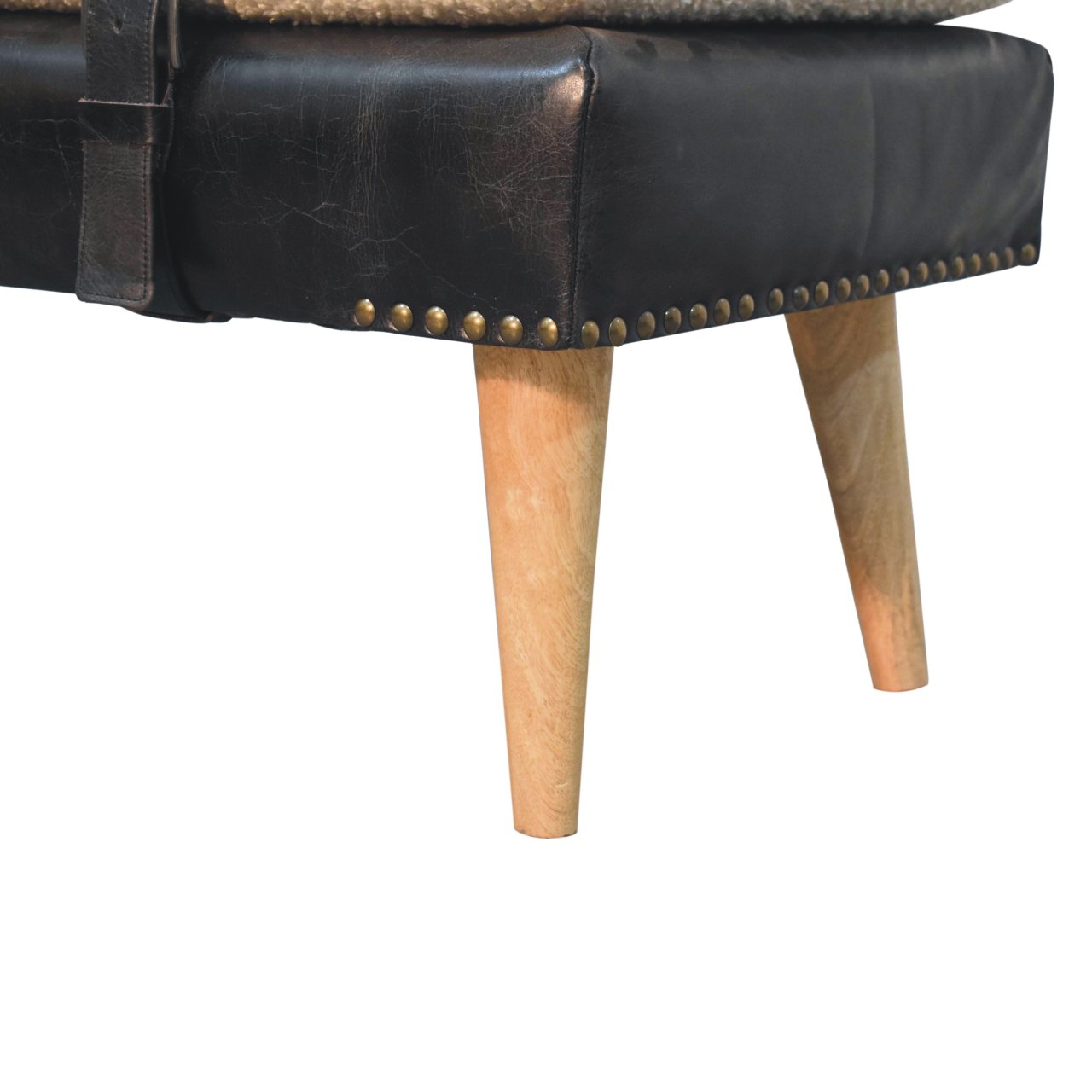 Solid Mango Wood Boucle & Buffalo Hide Black Leather Finished Bench - Image 7