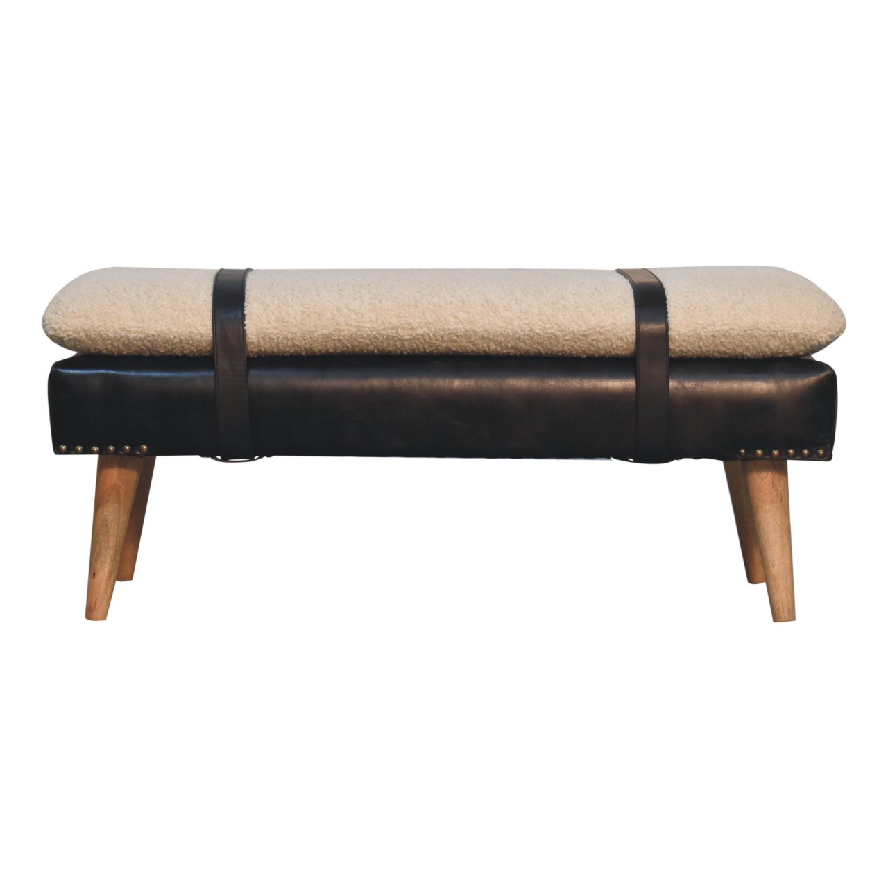 Solid Mango Wood Boucle & Buffalo Hide Black Leather Finished Bench - Image 9