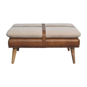 Solid Mango Wood Large Square Brown Leather Footstool with Boucle Cushion