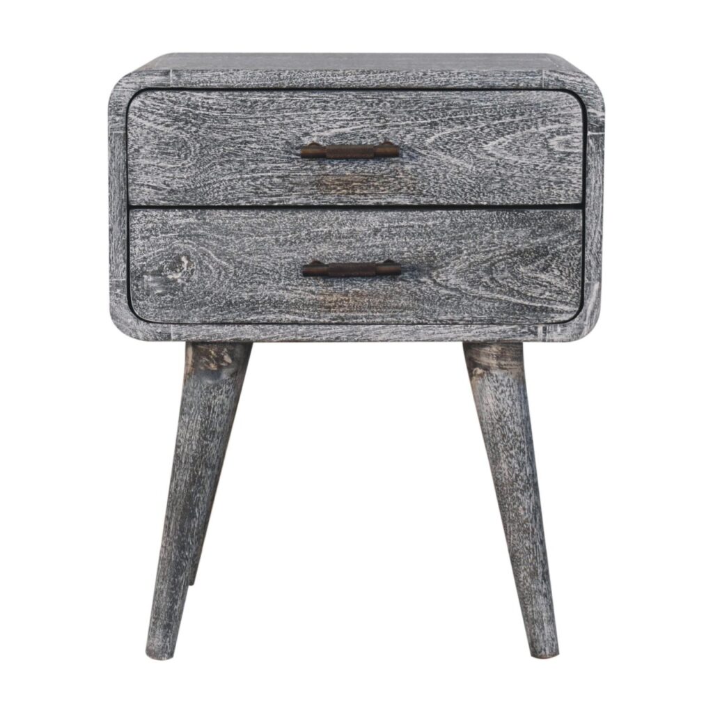 Solid Mango Wood Sandblasted Ash  Finished 2 Drawer Curved Bedside