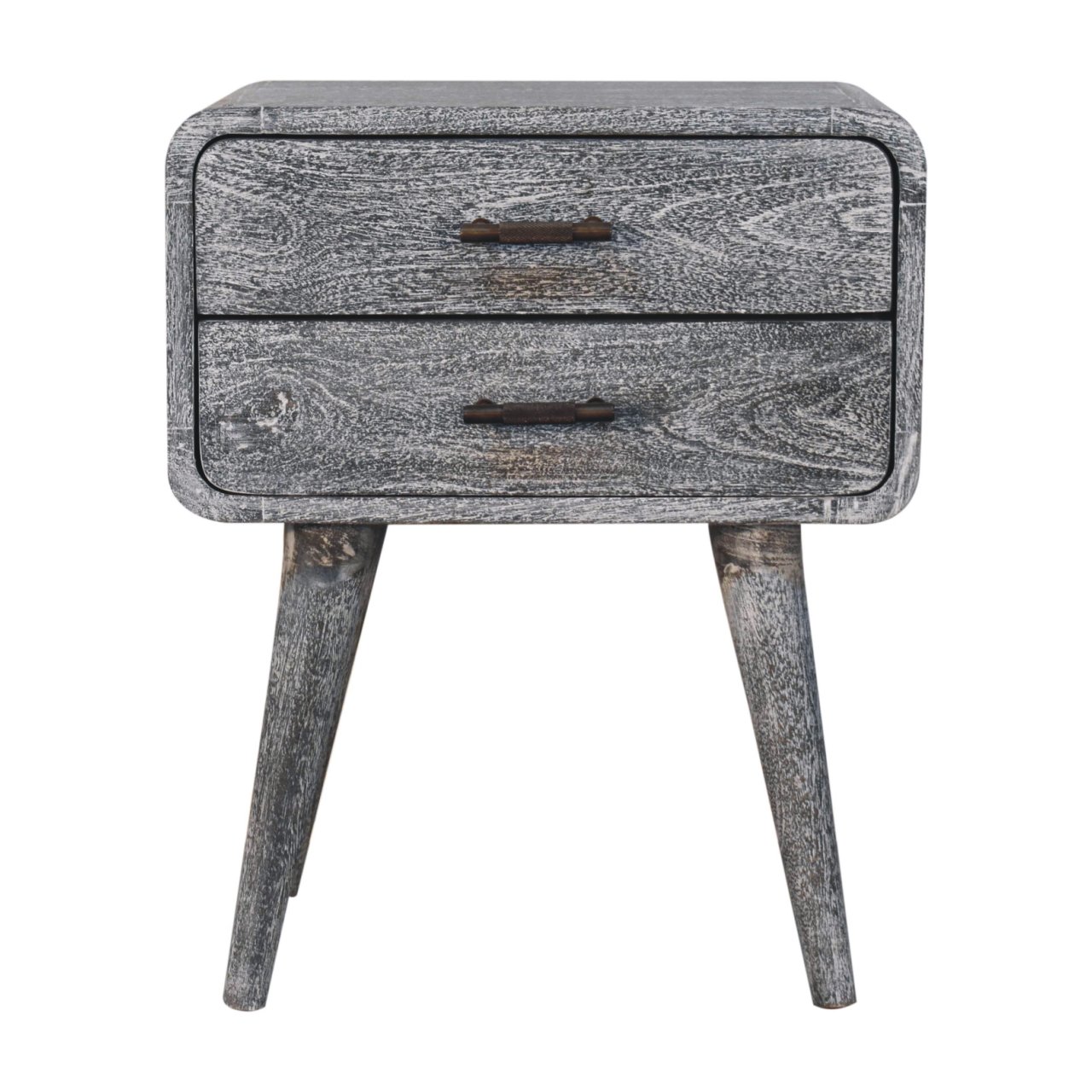 Solid Mango Wood Sandblasted Ash Finished 2 Drawer Curved Bedside