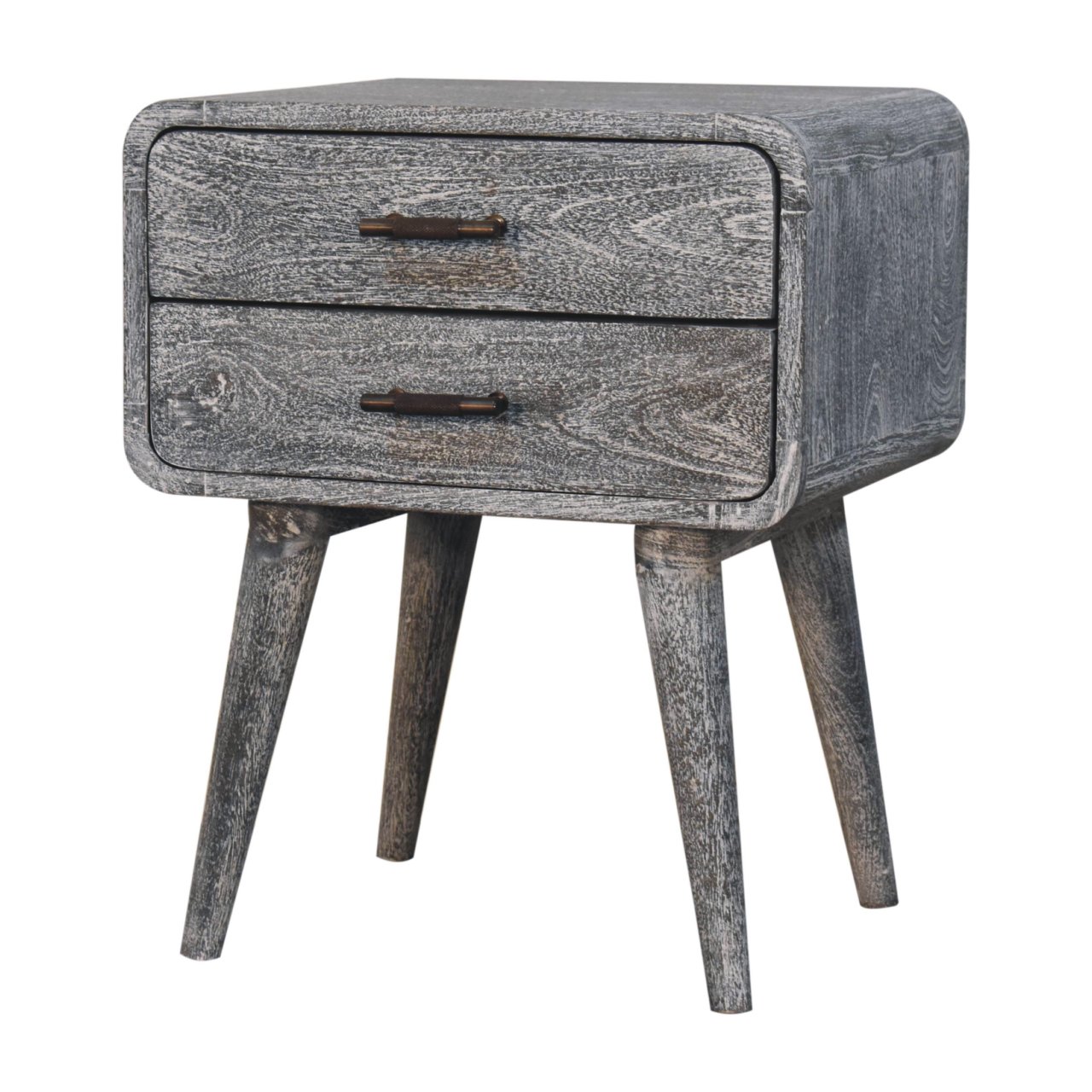 Solid Mango Wood Sandblasted Ash Finished 2 Drawer Curved Bedside - Image 3