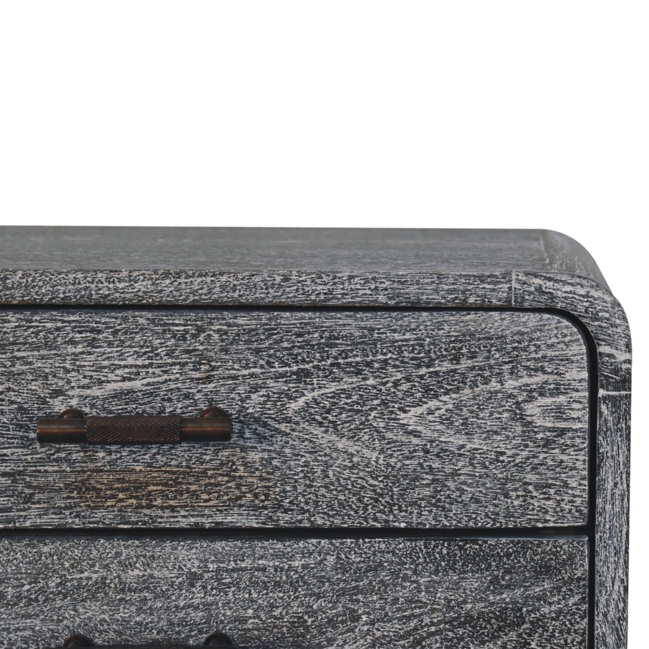 Solid Mango Wood Sandblasted Ash Finished 2 Drawer Curved Bedside - Image 4