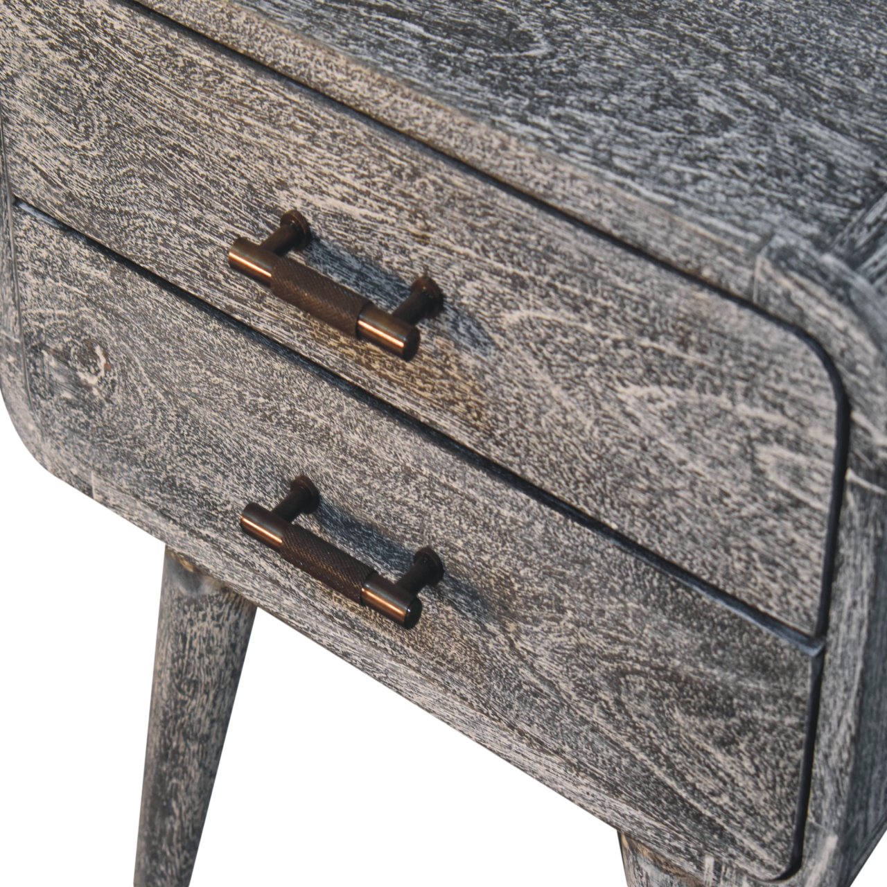 Solid Mango Wood Sandblasted Ash Finished 2 Drawer Curved Bedside - Image 5