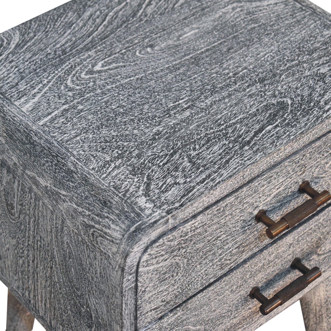 Solid Mango Wood Sandblasted Ash Finished 2 Drawer Curved Bedside - Image 6