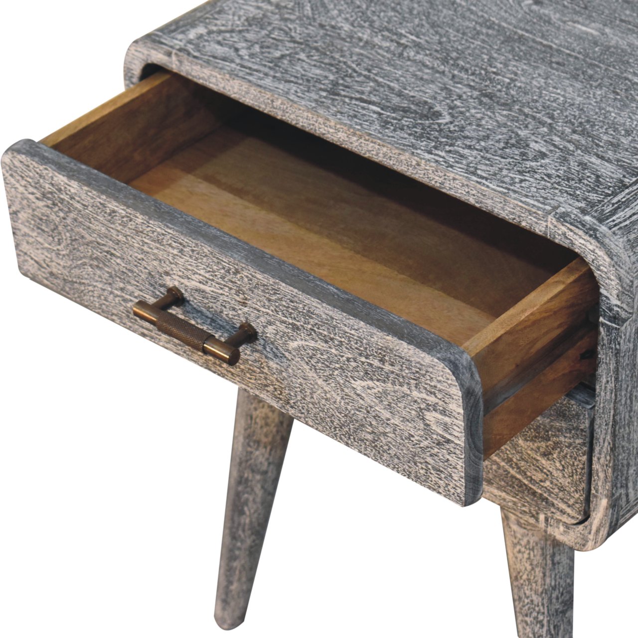 Solid Mango Wood Sandblasted Ash Finished 2 Drawer Curved Bedside - Image 7