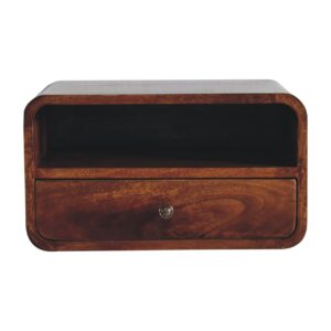 Solid Mango Wood Chestnut Finished 1 Drawer 1 Slot Large Curved Floating Bedside