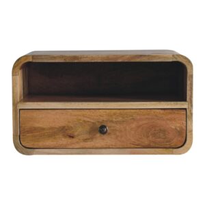 Solid Mango Wood Oak Finished 1 Drawer 1 Slot Large Curved Floating Bedside