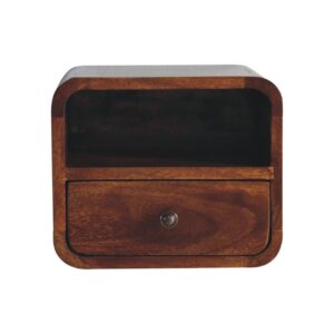 Solid Mango Wood Chestnut Finished 1 Drawer 1 Slot Extra Mini Wall Mounted Curved Bedside