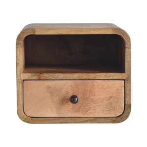 Solid Mango Wood Oak Finished 1 Drawer 1 Slot Extra Mini Wall Mounted Curved Bedside