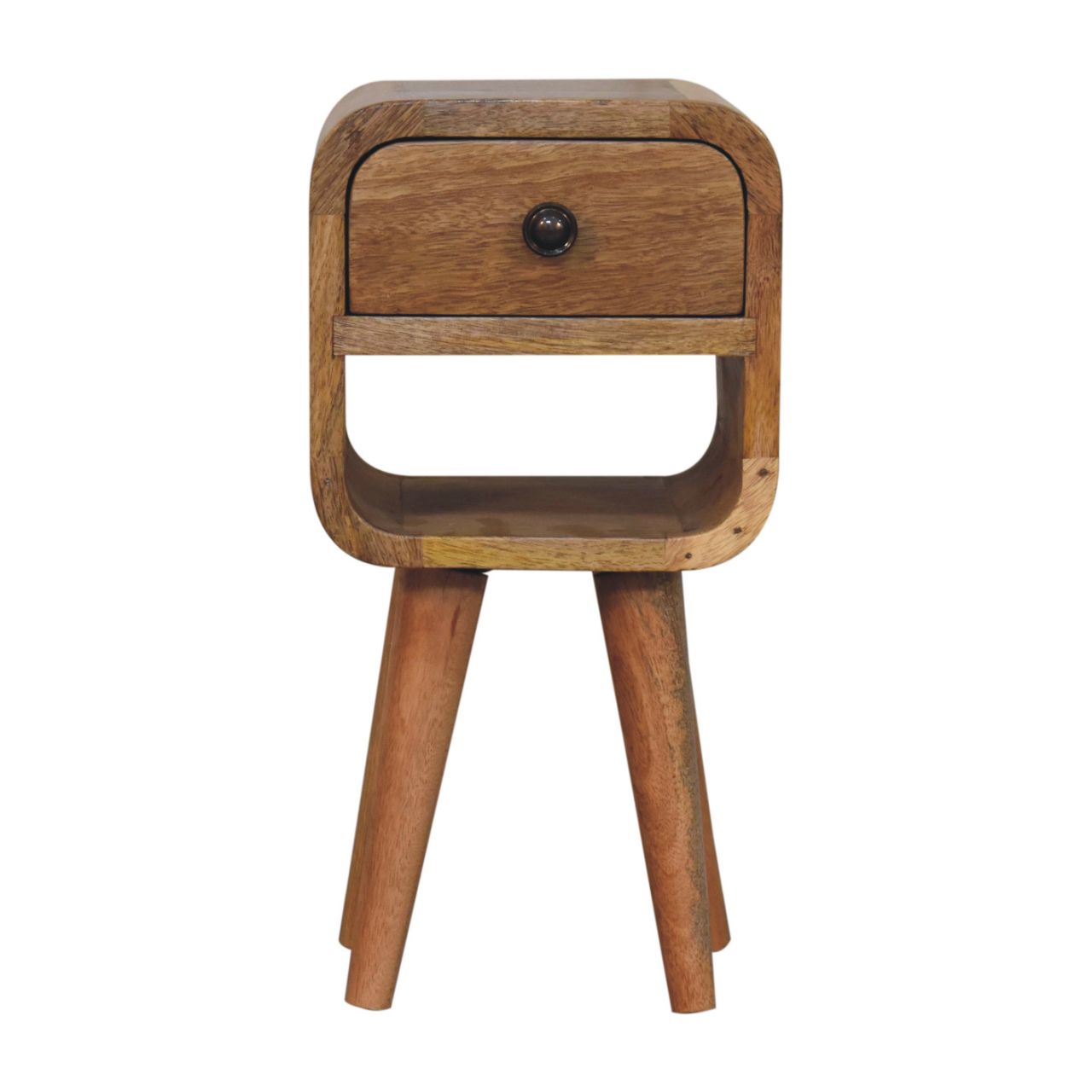 Solid Mango Wood Oak Finish 1 Drawer 1 Slot Extra Mini Curve Bedside