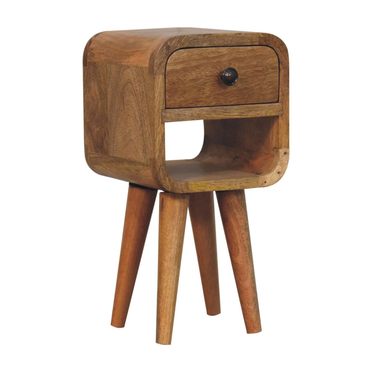 Solid Mango Wood Oak Finish 1 Drawer 1 Slot Extra Mini Curve Bedside - Image 2