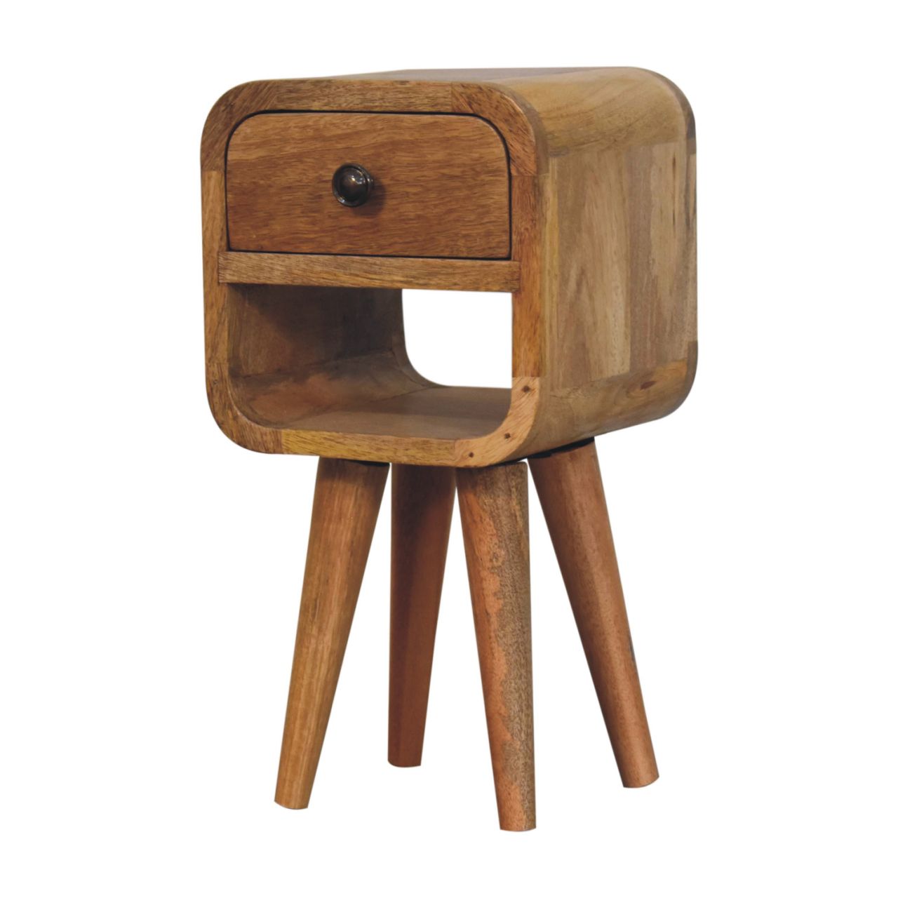 Solid Mango Wood Oak Finish 1 Drawer 1 Slot Extra Mini Curve Bedside - Image 3