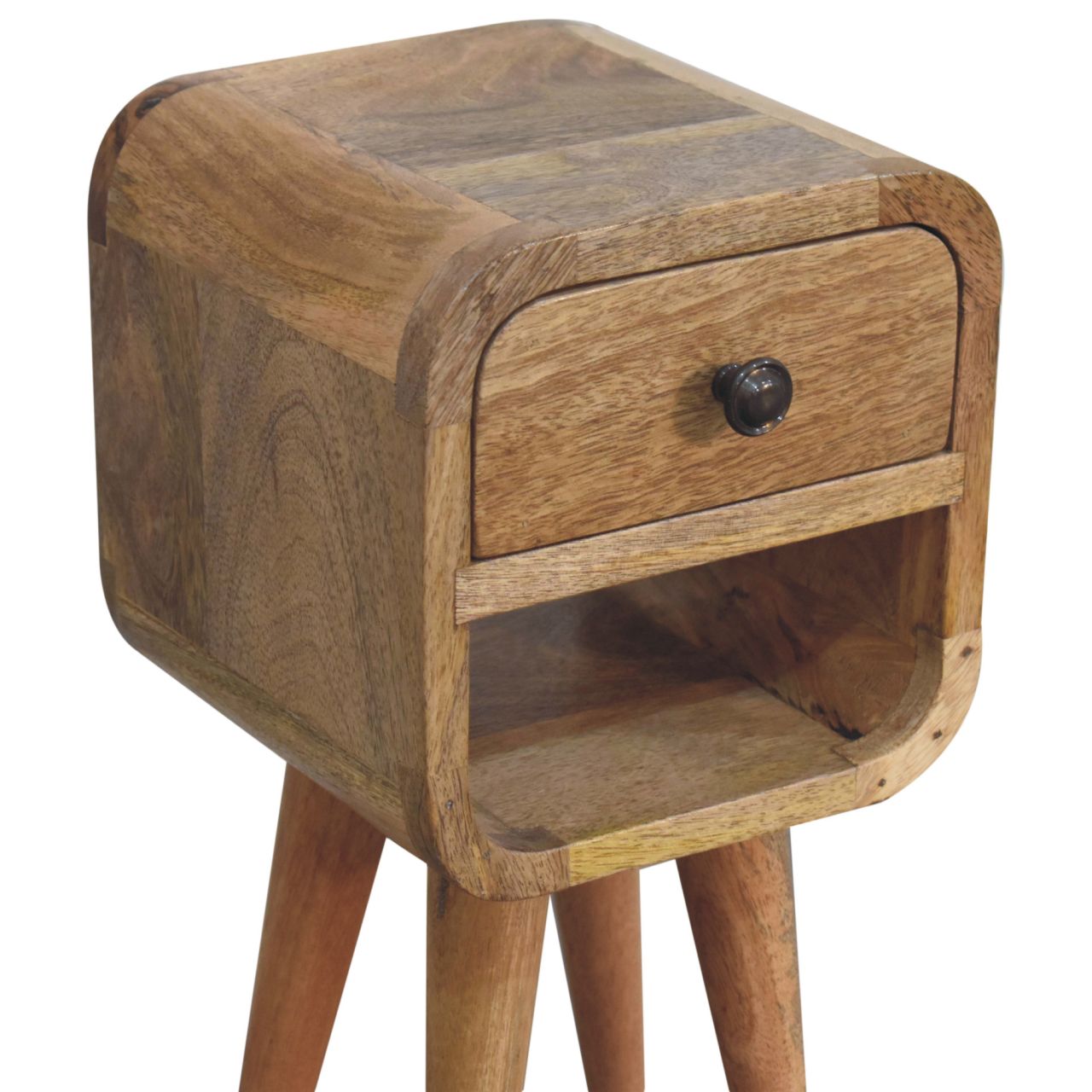 Solid Mango Wood Oak Finish 1 Drawer 1 Slot Extra Mini Curve Bedside - Image 5