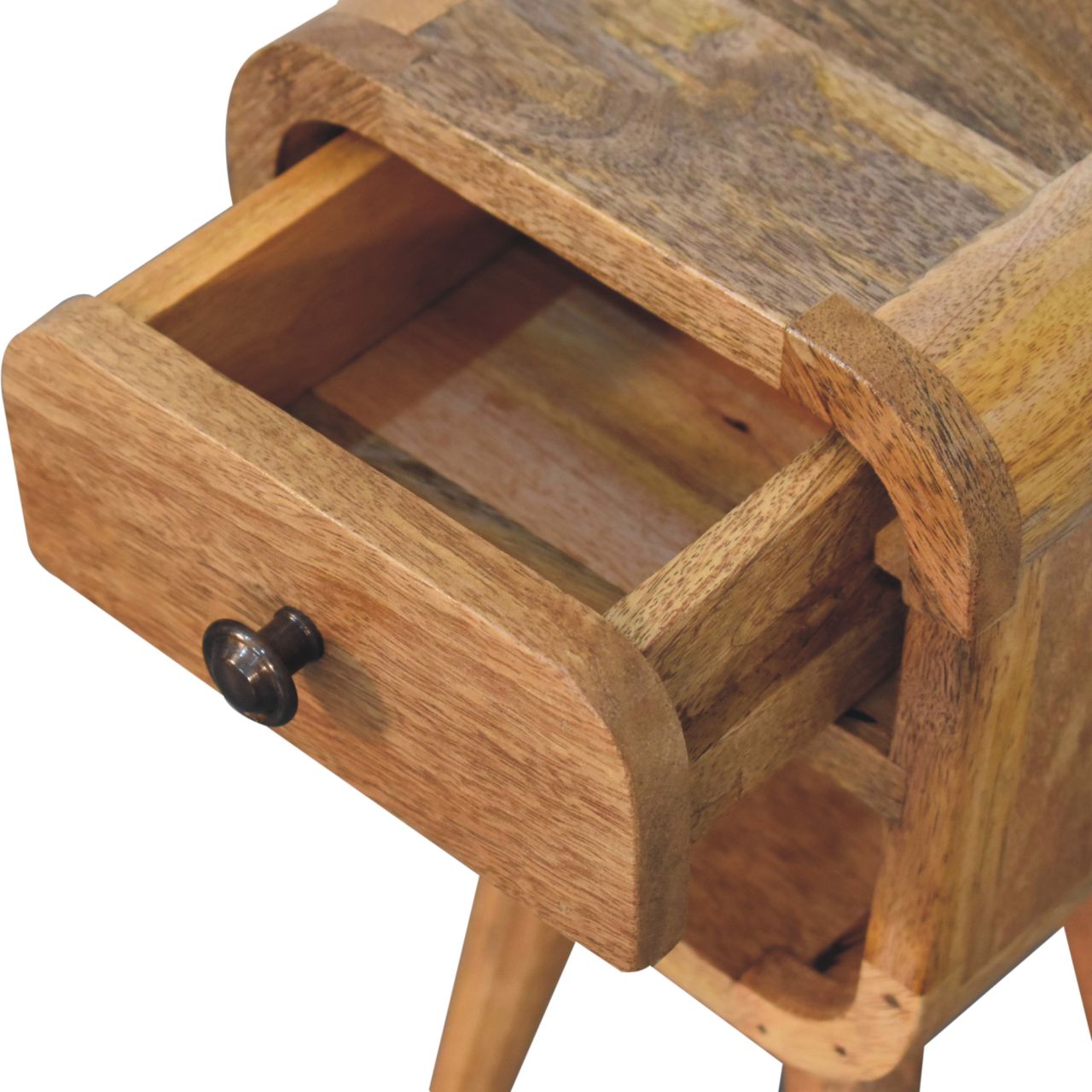 Solid Mango Wood Oak Finish 1 Drawer 1 Slot Extra Mini Curve Bedside - Image 6