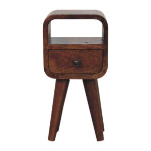 Solid Mango Wood Chestnut Finished 1 Drawer 1 Slot Extra Mini Curved Bedside