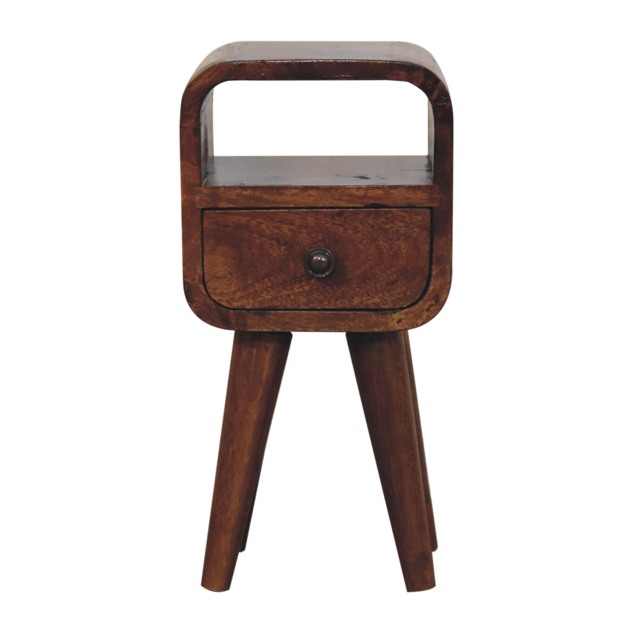 Solid Mango Wood Chestnut Finished 1 Drawer 1 Slot Extra Mini Curved Bedside