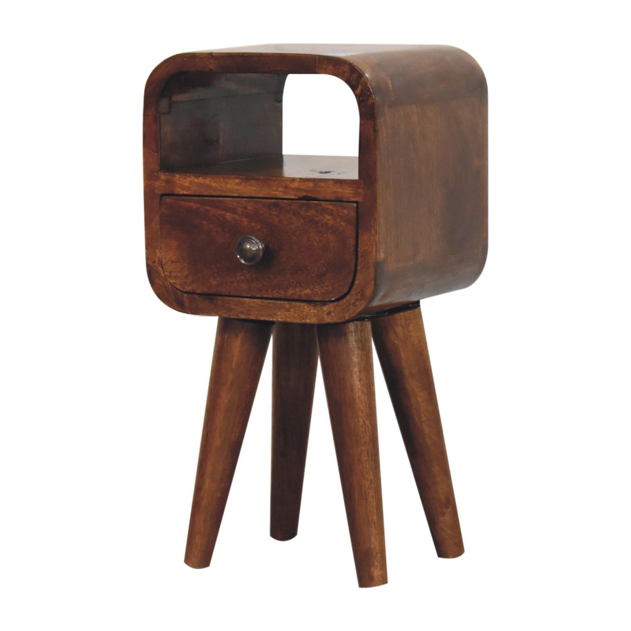 Solid Mango Wood Chestnut Finished 1 Drawer 1 Slot Extra Mini Curved Bedside - Image 2