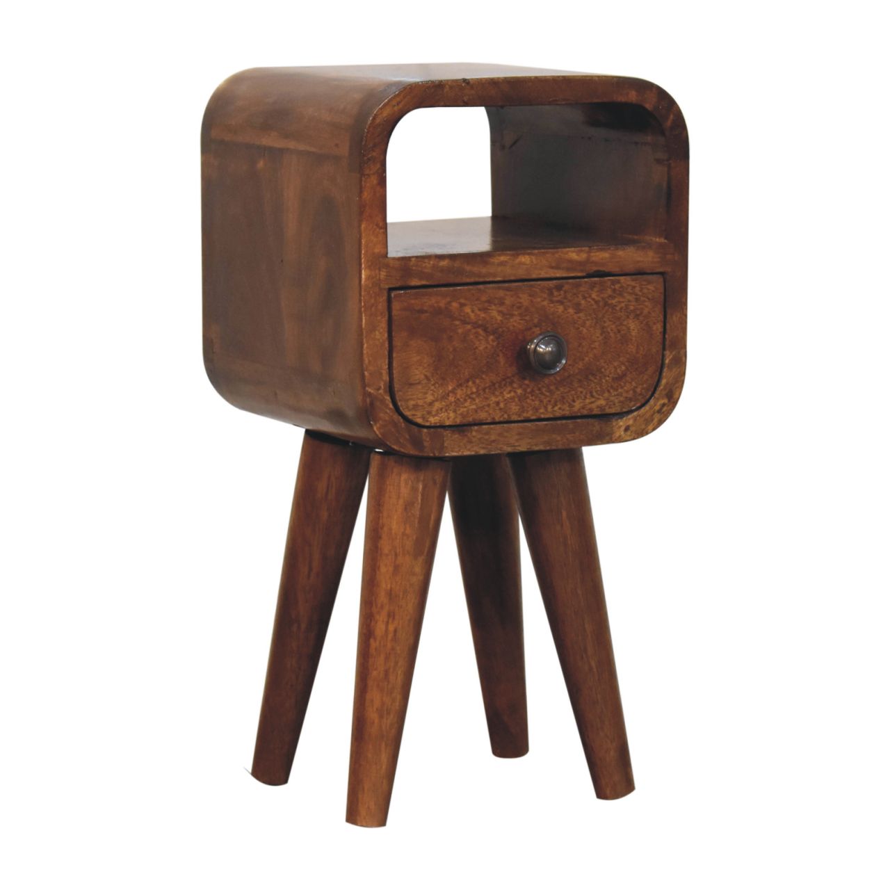 Solid Mango Wood Chestnut Finished 1 Drawer 1 Slot Extra Mini Curved Bedside - Image 3