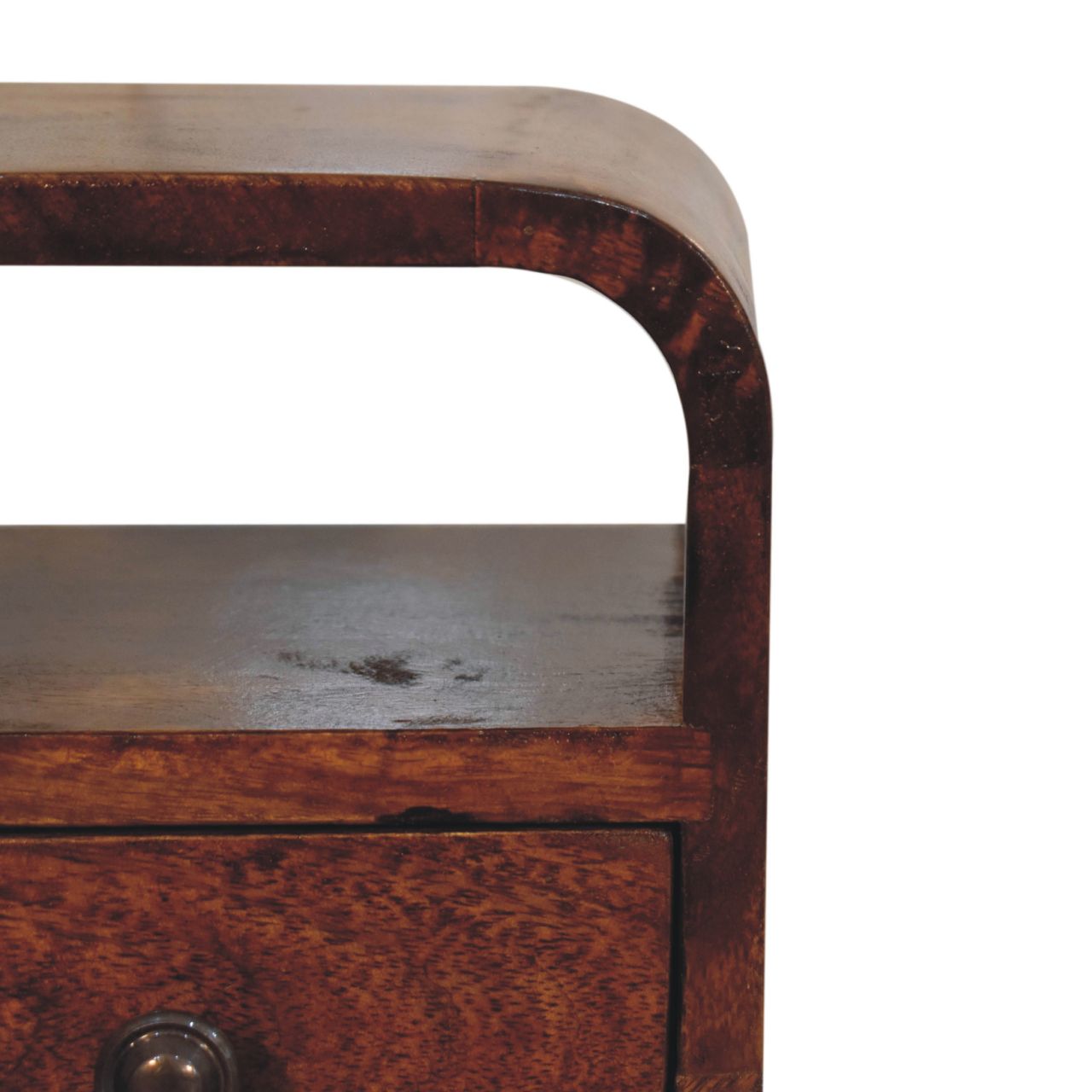 Solid Mango Wood Chestnut Finished 1 Drawer 1 Slot Extra Mini Curved Bedside - Image 4