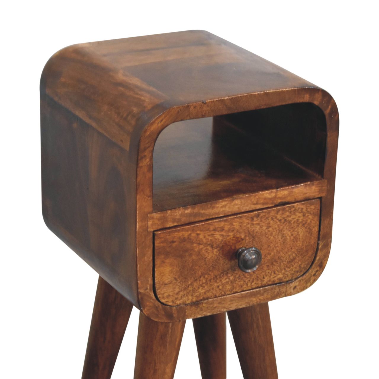 Solid Mango Wood Chestnut Finished 1 Drawer 1 Slot Extra Mini Curved Bedside - Image 5