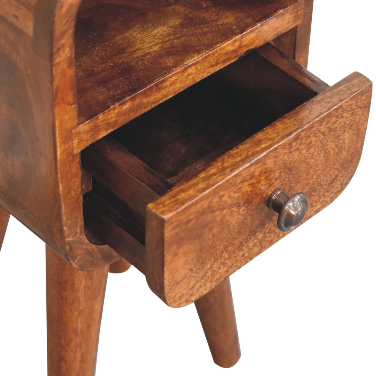 Solid Mango Wood Chestnut Finished 1 Drawer 1 Slot Extra Mini Curved Bedside - Image 6