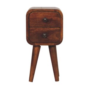 Solid Mango Wood Chestnut Finished 2 Drawer Extra Mini Curved Bedside