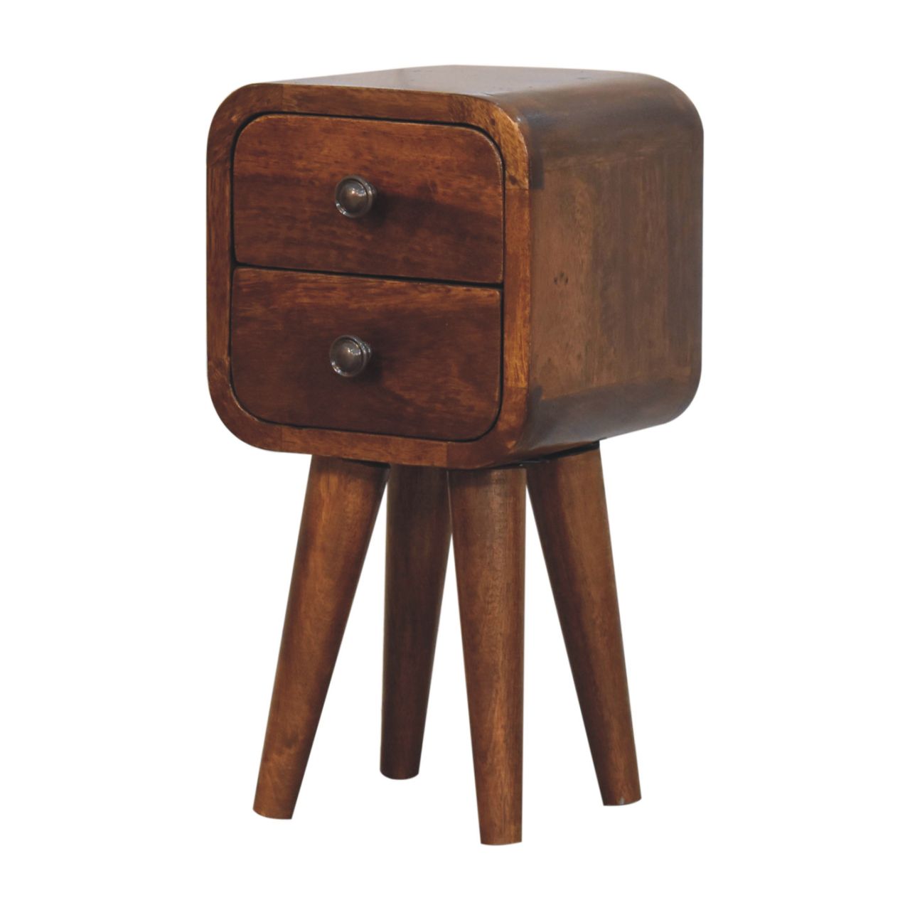 Solid Mango Wood Chestnut Finished 2 Drawer Extra Mini Curved Bedside - Image 2