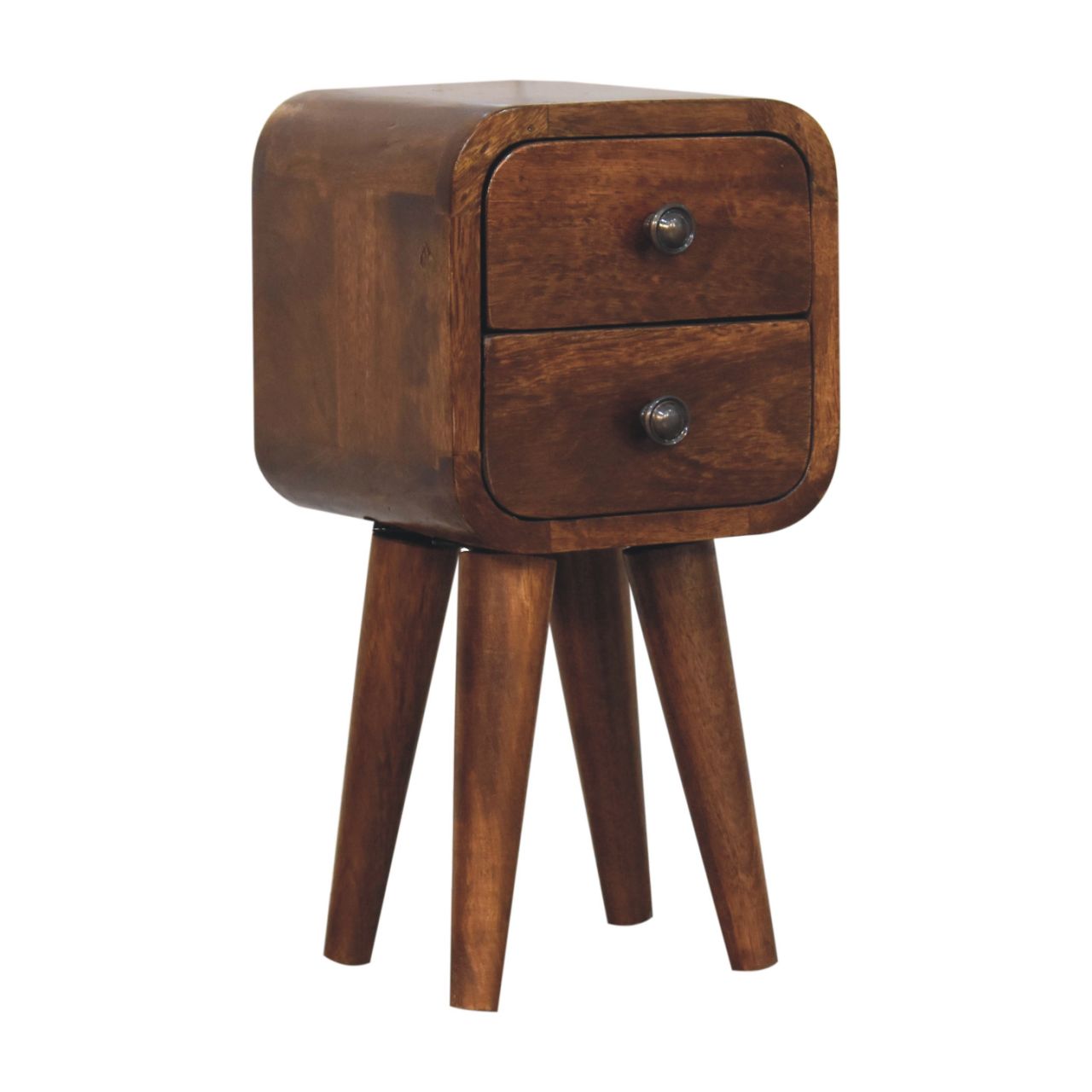 Solid Mango Wood Chestnut Finished 2 Drawer Extra Mini Curved Bedside - Image 3