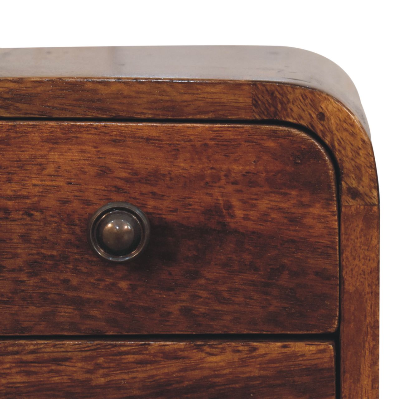 Solid Mango Wood Chestnut Finished 2 Drawer Extra Mini Curved Bedside - Image 4