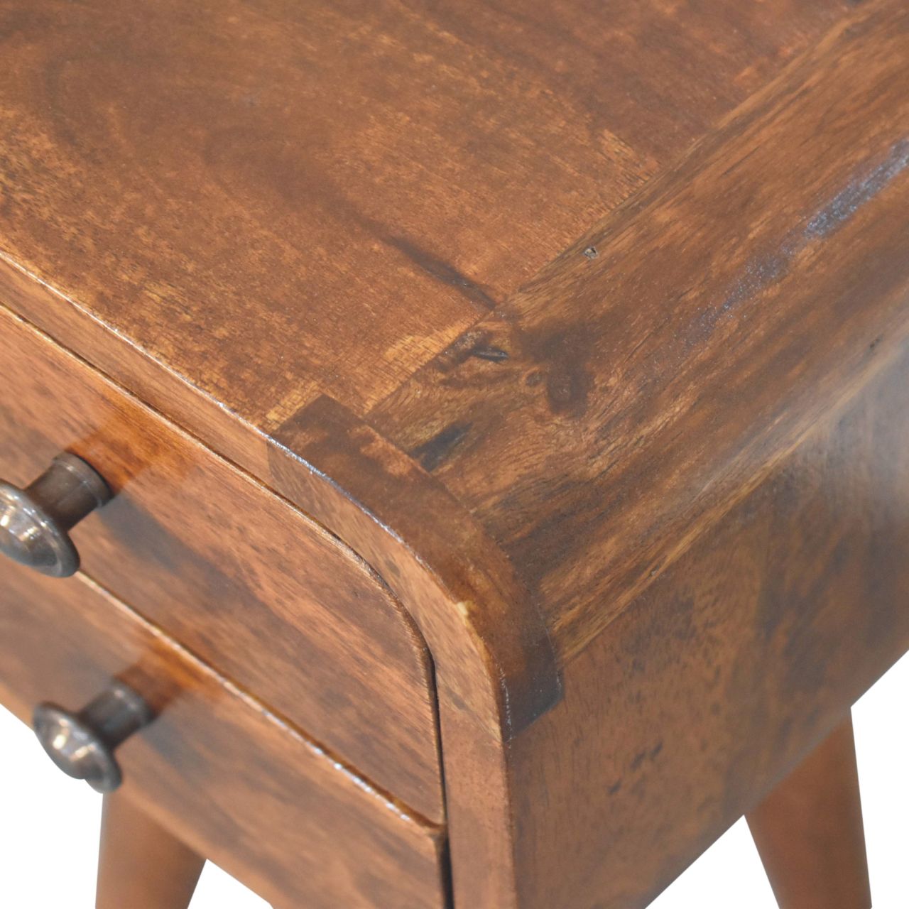 Solid Mango Wood Chestnut Finished 2 Drawer Extra Mini Curved Bedside - Image 5