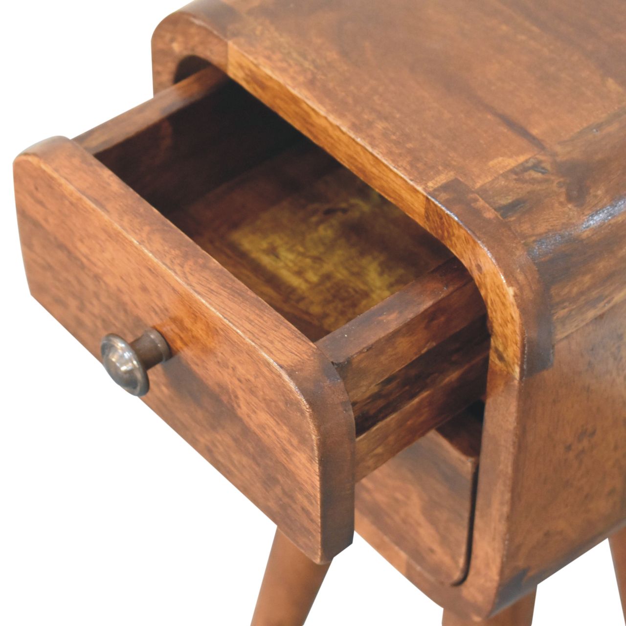 Solid Mango Wood Chestnut Finished 2 Drawer Extra Mini Curved Bedside - Image 6