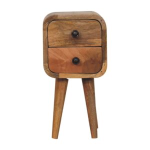 Solid Mango Wood Oak Finished 2 Drawer Extra Mini Curved Bedside