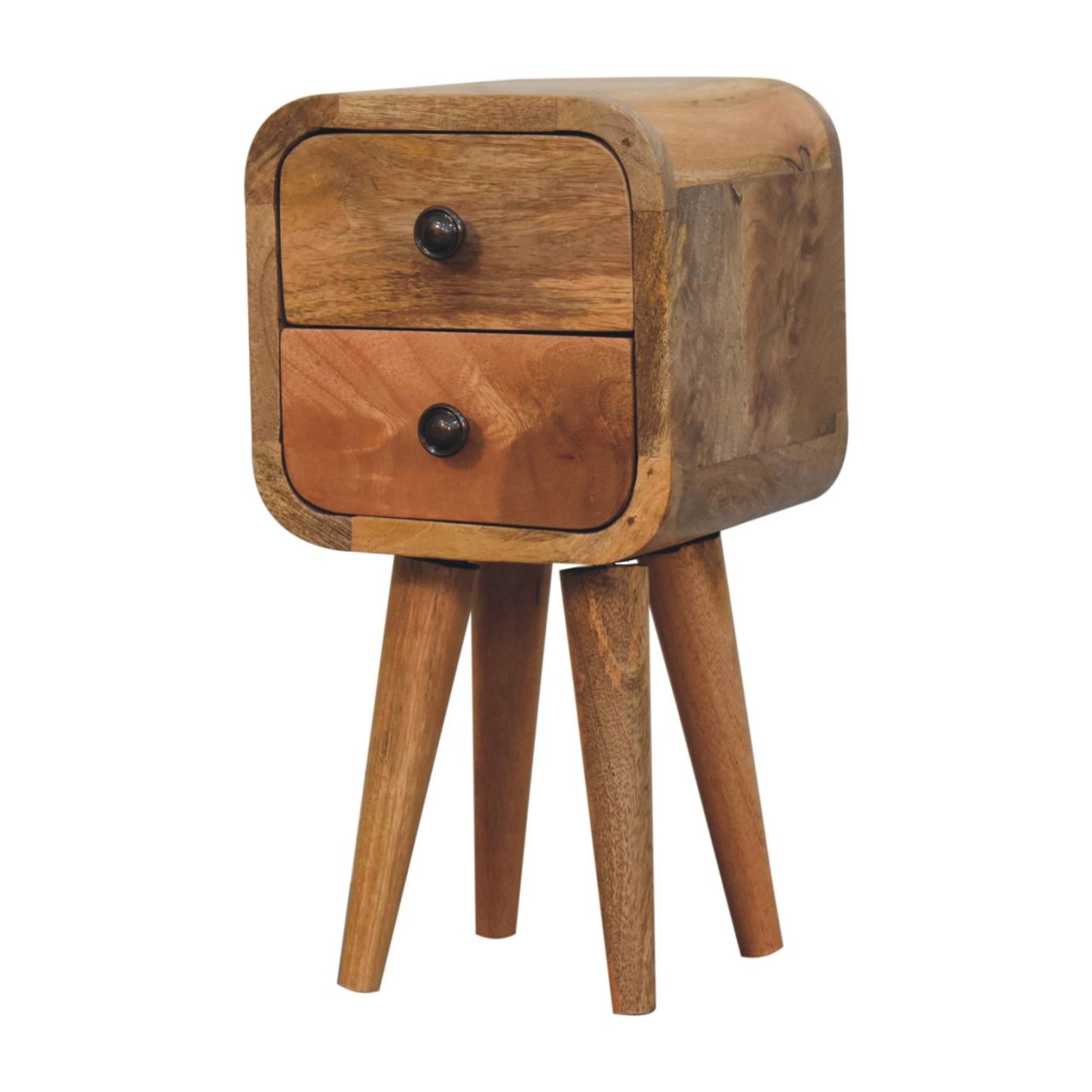 Solid Mango Wood Oak Finished 2 Drawer Extra Mini Curved Bedside - Image 2