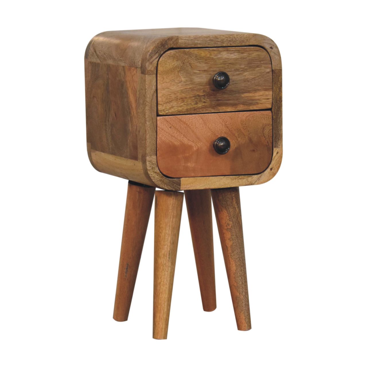 Solid Mango Wood Oak Finished 2 Drawer Extra Mini Curved Bedside - Image 3