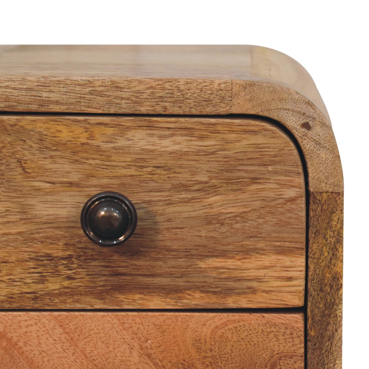 Solid Mango Wood Oak Finished 2 Drawer Extra Mini Curved Bedside - Image 4