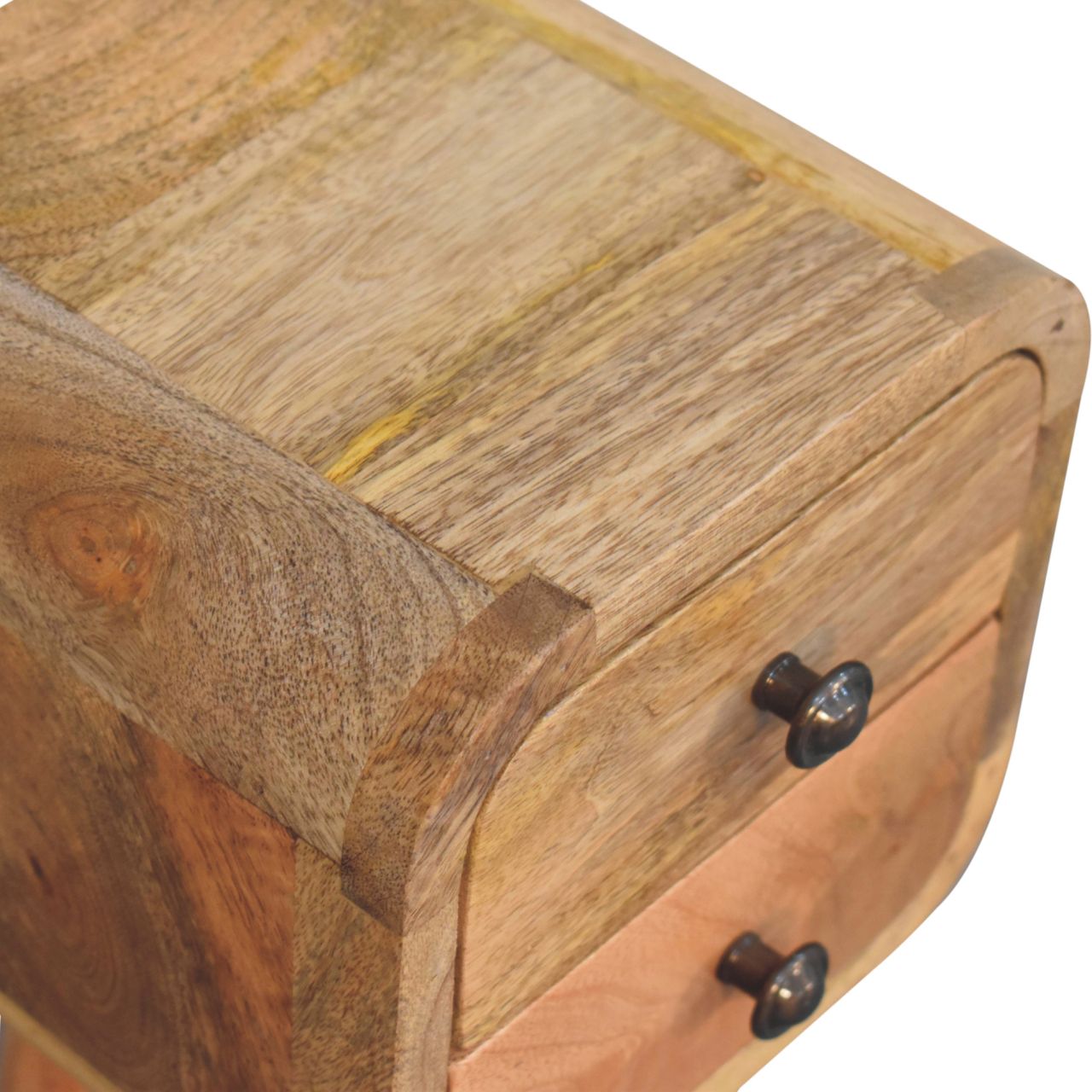 Solid Mango Wood Oak Finished 2 Drawer Extra Mini Curved Bedside - Image 5
