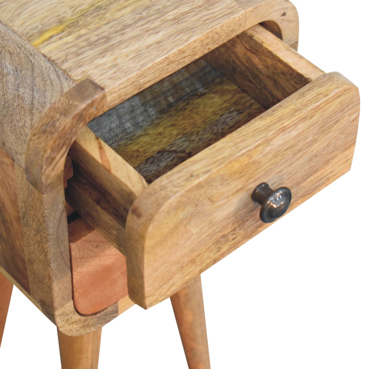 Solid Mango Wood Oak Finished 2 Drawer Extra Mini Curved Bedside - Image 6