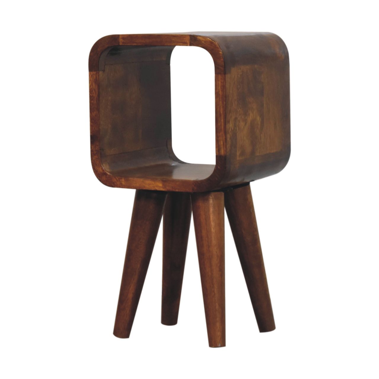 Solid Mango Wood Chestnut Finished Extra Mini Minimalist Open Curved Bedside