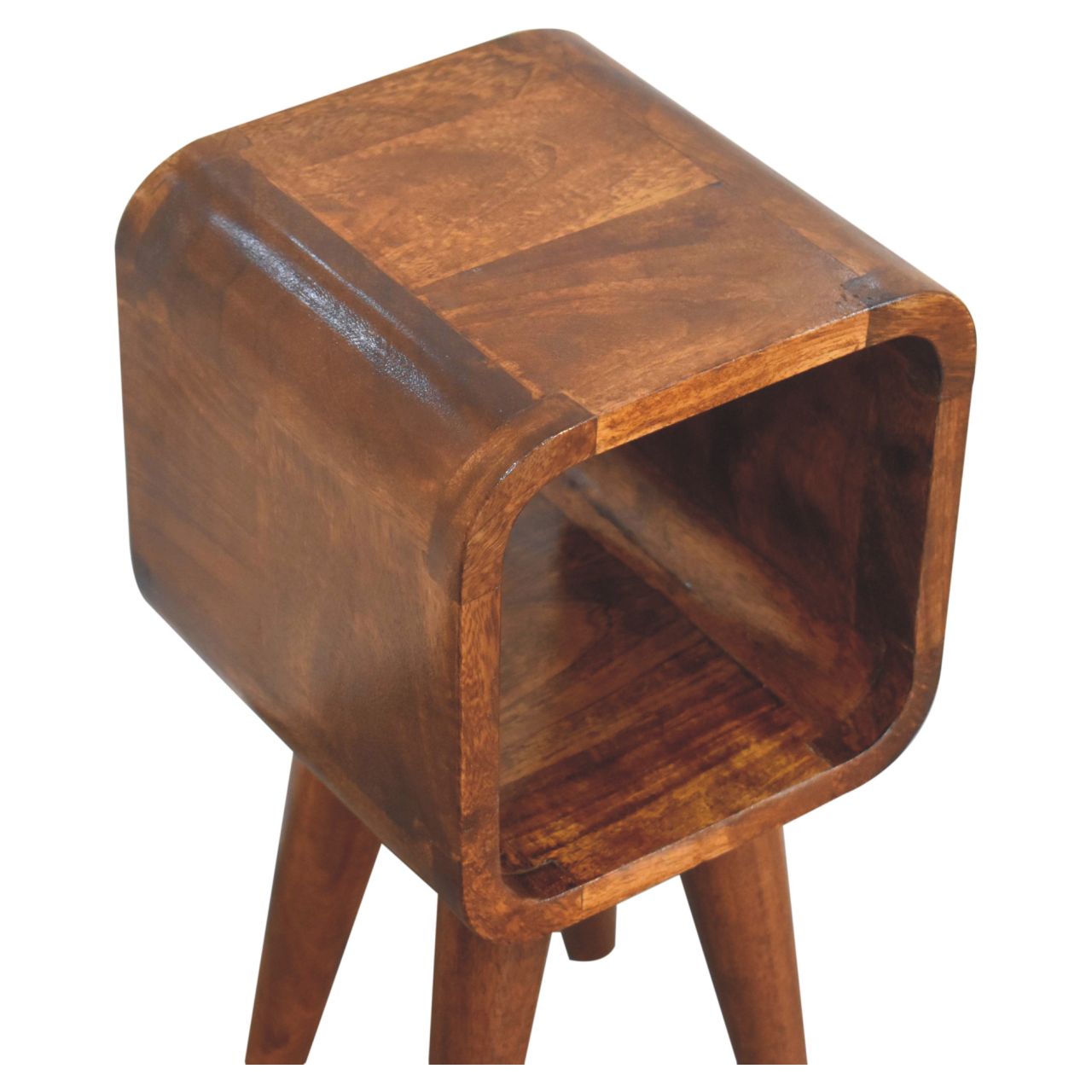 Solid Mango Wood Chestnut Finished Extra Mini Minimalist Open Curved Bedside - Image 4