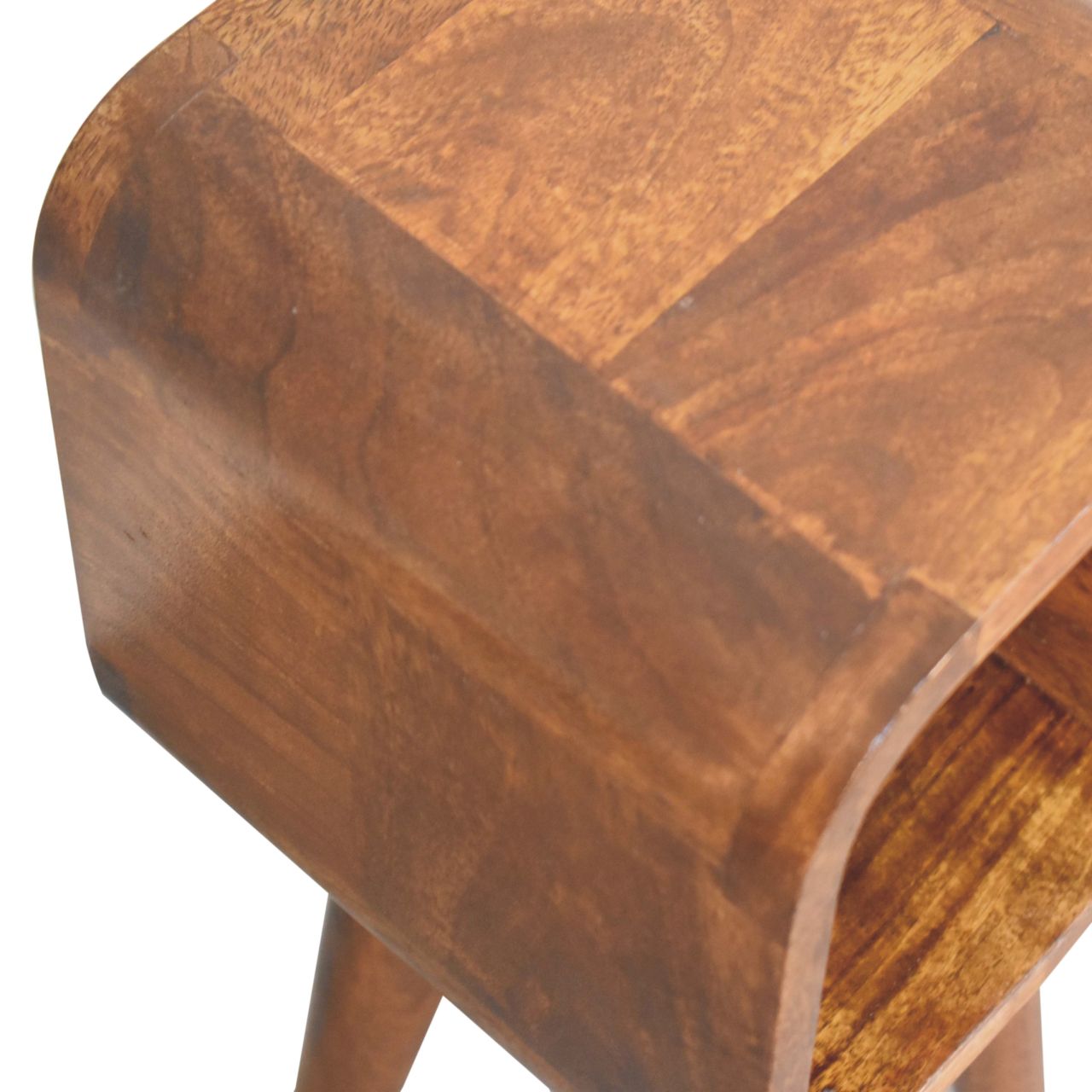 Solid Mango Wood Chestnut Finished Extra Mini Minimalist Open Curved Bedside - Image 5