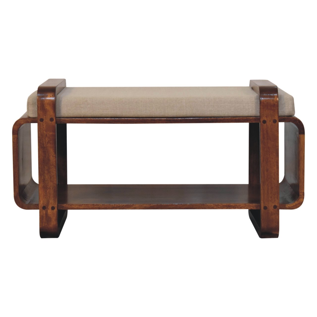 Solid Mango Wood Chestnut Finished Linen Upholstered Loop Bench