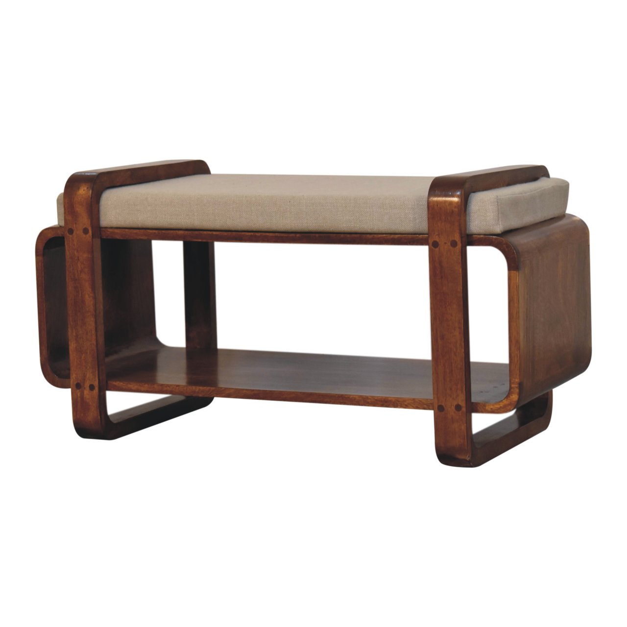 Solid Mango Wood Chestnut Finished Linen Upholstered Loop Bench - Image 2